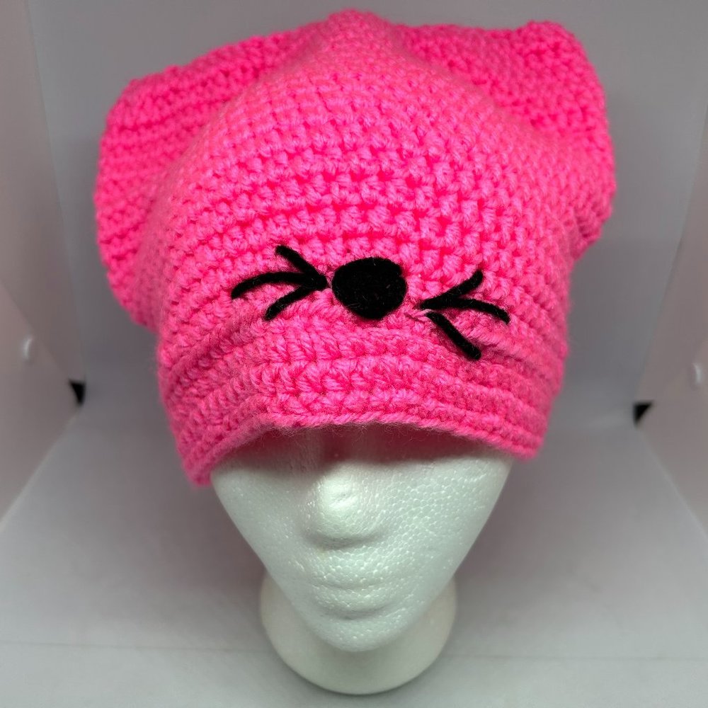 Handmade Crochet Bright Pink Knit Cap w/Black Accent